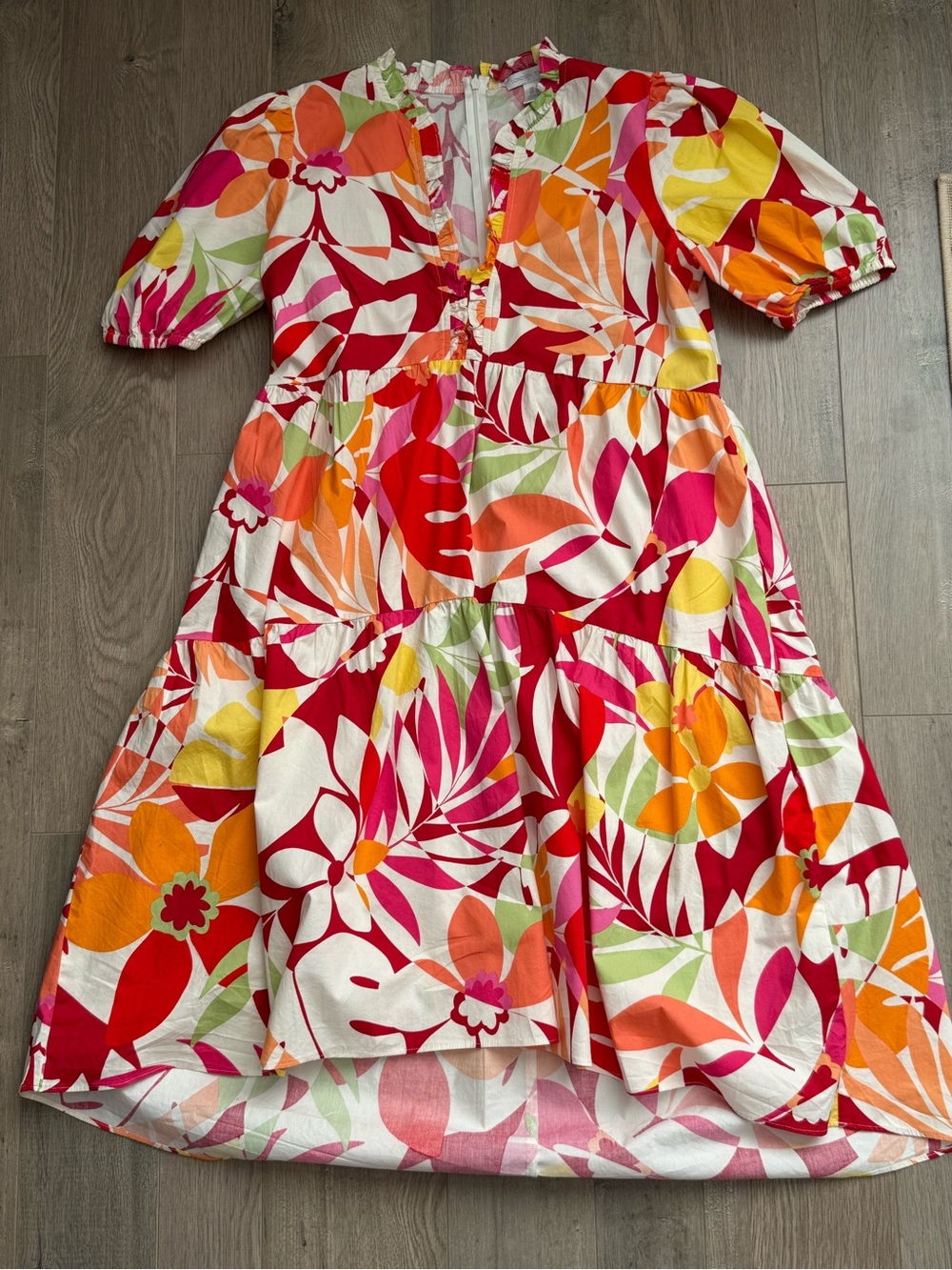 London Times Floral Tiered Midi Dress in Pink, Red & Orange